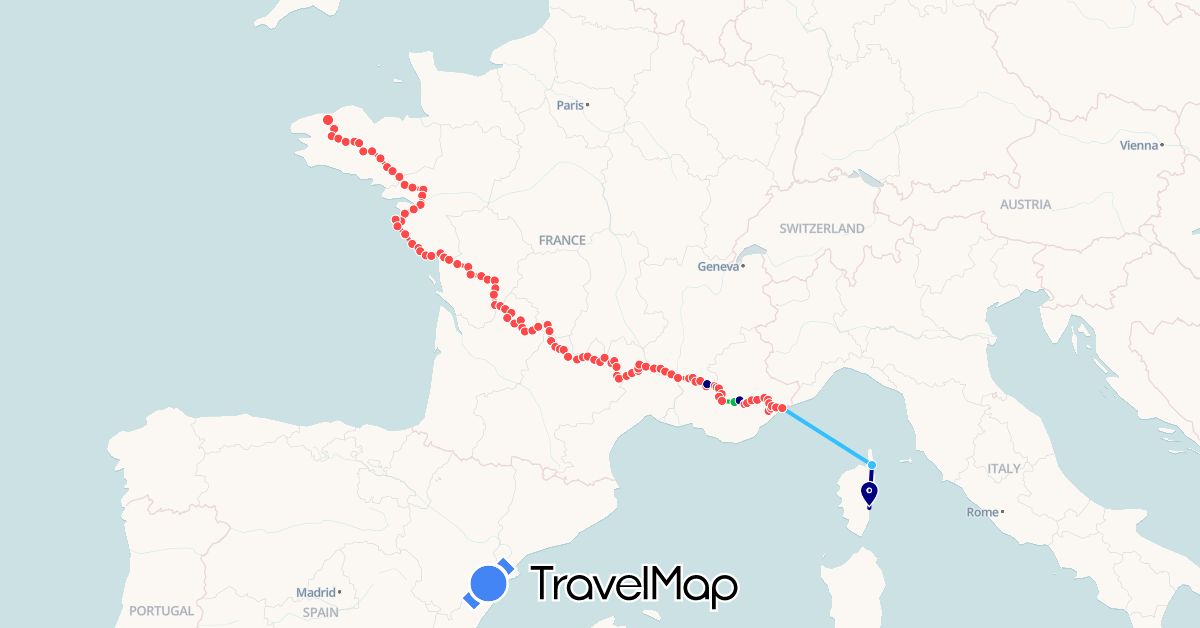 TravelMap itinerary: driving, bus, hiking, boat in France (Europe)