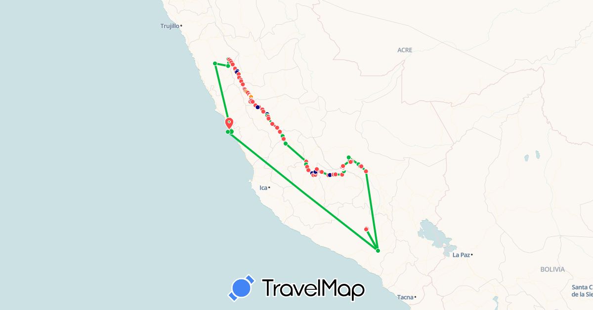 TravelMap itinerary: driving, bus, hiking, hitchhiking, motorbike in Peru (South America)